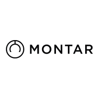 Montar Logo- Black circle with upside-down horse shoe in the centre and brand name next to it 