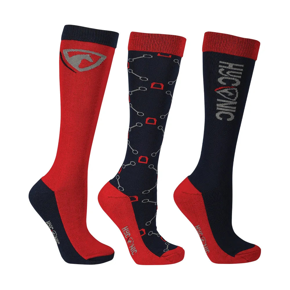 HYCONIC Children's Pattern Socks by Hy Equestrian Pack of 3 #colour_navy-red